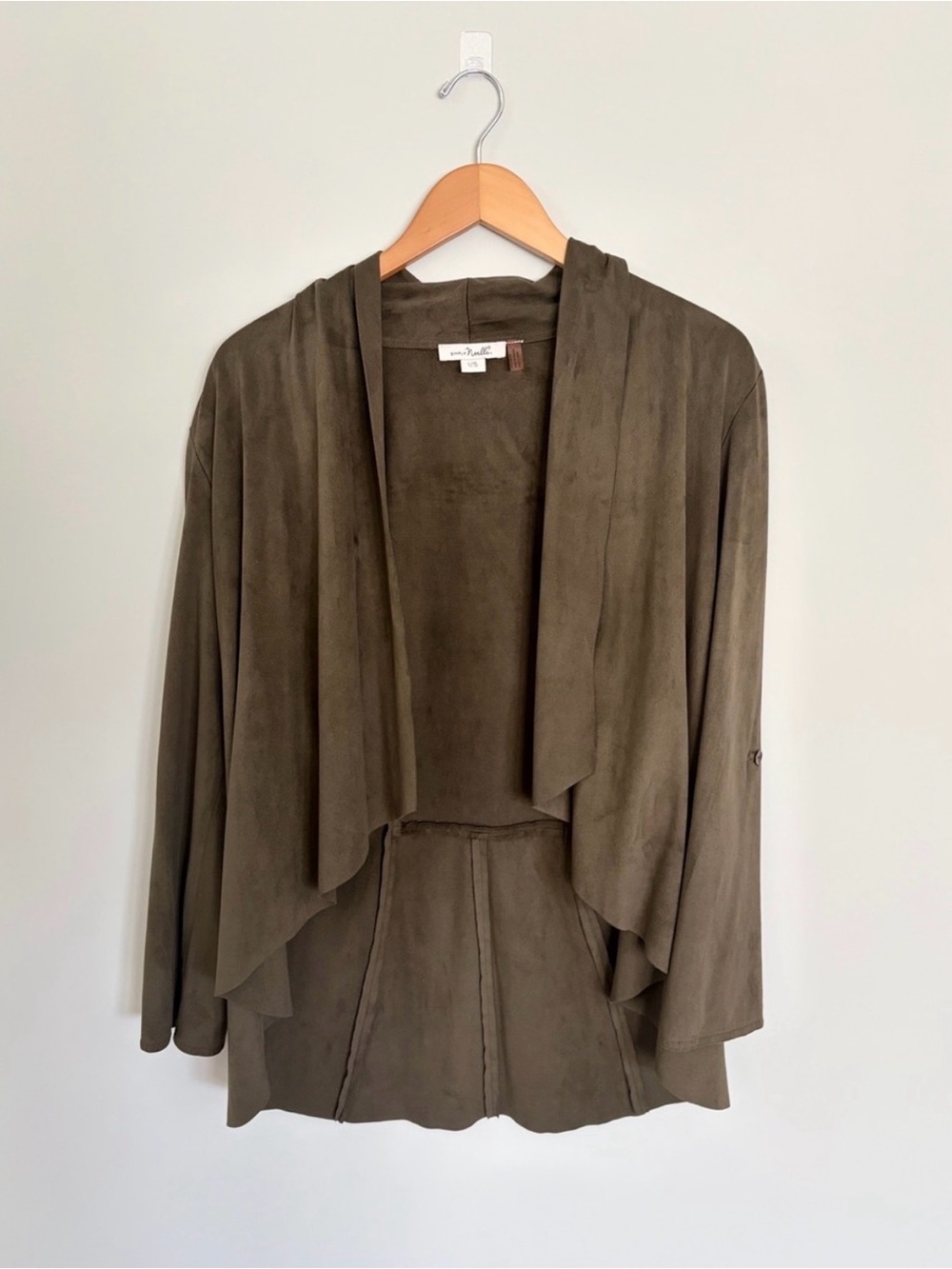 Simply Noelle Suede-Feel Open Front Draped Jacket in Olive